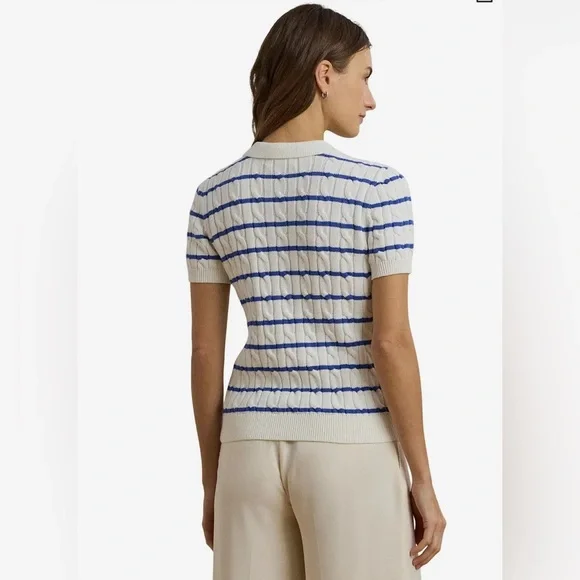 NWT Ralph Lauren White and Blue Cable Knit Polo - Picture 7 of 8